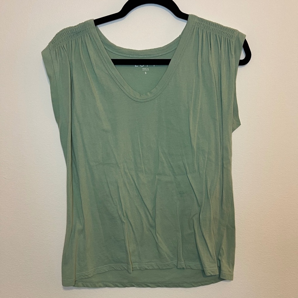 LOFT Sage Green Smocked Shoulder V-Neck Top - Size S